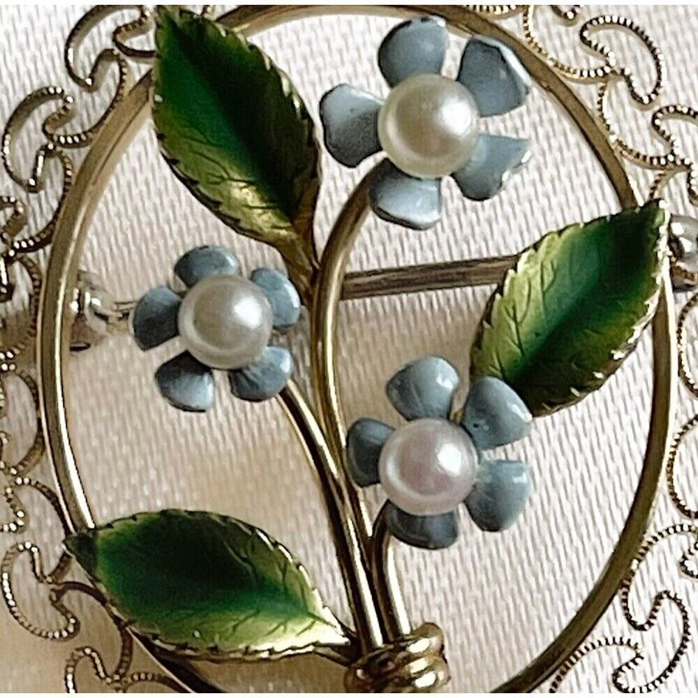 Vintage Krementz Gold Filled Forget Me Not Flower Filigree Brooch Pin Pearl Oval - Picture 4 of 11